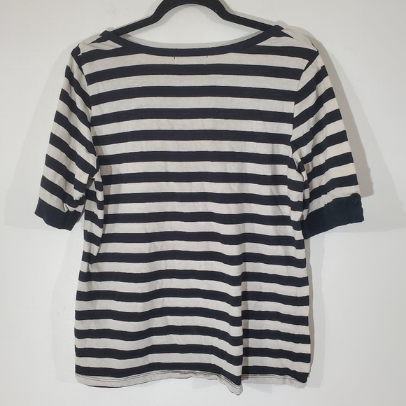 ⛔️ SOLD OUT Carolyn Taylor Top Women's L Short Sleeve Round Neck Black Striped - Picture 2 of 4
